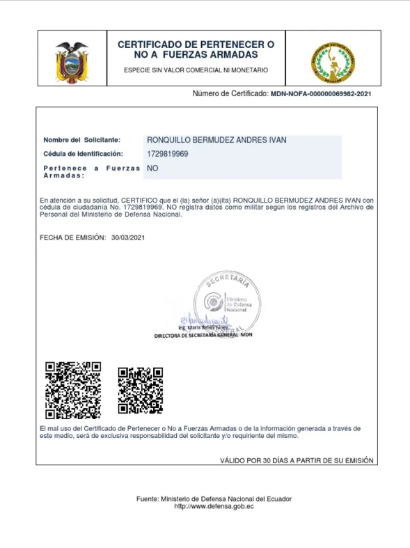 Certificado de no pertenecer a las fuerzas armadas de Ecuador