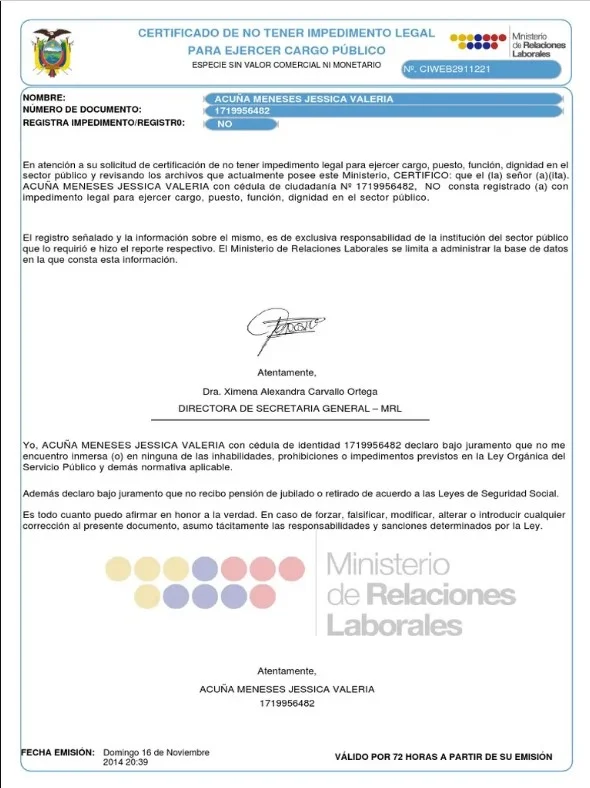 Certificado de no tener impedimento legal